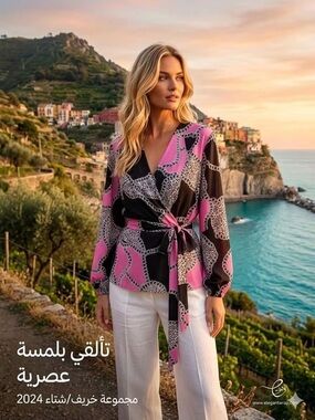 Macy's Pink and Black Patterned Wrap Blouse with Side Tie